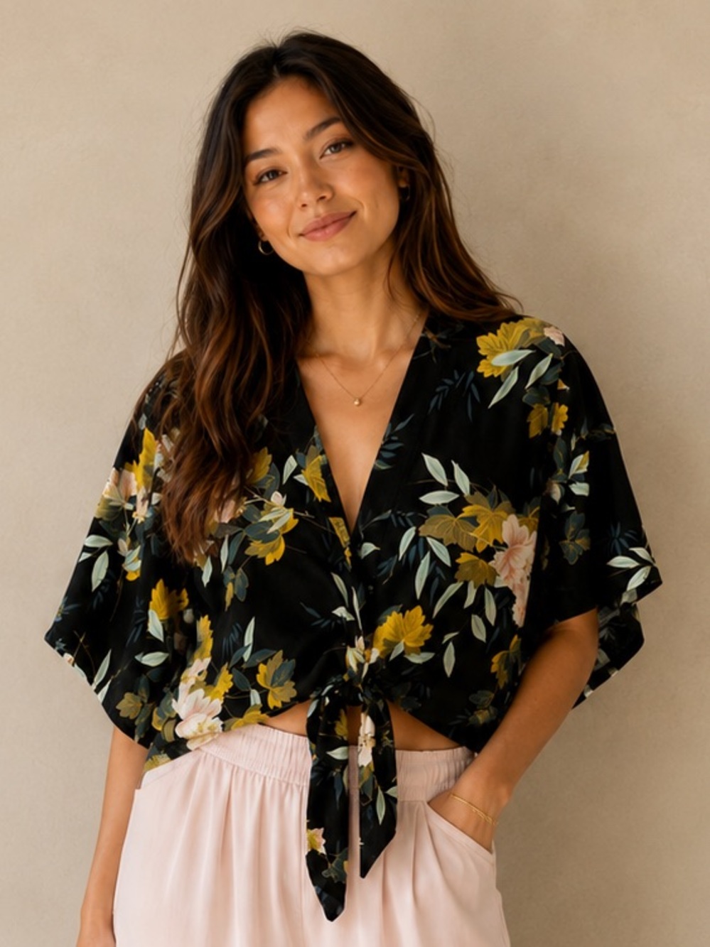 Aakaa Black Greens and Blush Pinks Floral Tie-Front Kimono style Silky Top - Picture 2 of 12